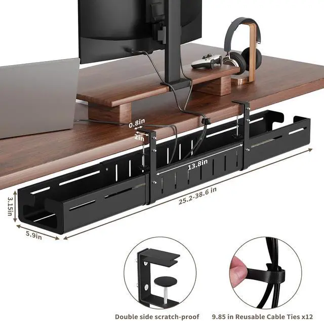 Alt view image 6 of 7 - Under Desk Cable Management Tray, Expandable 25.2"38.6" Heavy Duty Carbon Steel with Clamp, Under Desk Cable Management for Desk, Home Office & Standing Desk, No Drill Installation, Black