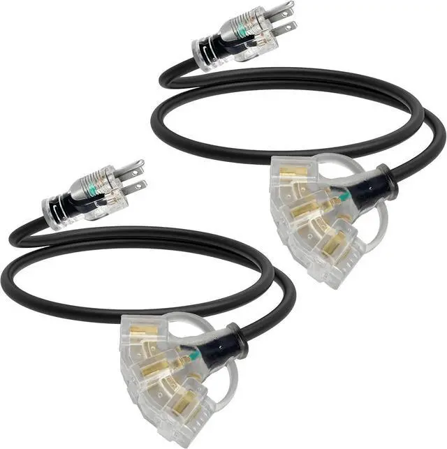 Main image of 3FT 2 Pack 12 Gauge 3 Outlet Outdoor Extension Cord 12/3 Heavy Duty SJTW Power Cord Splitter 3 Way Waterproof Power Cable 3 Prong Grounded with Light 12AWG 15Amp 1875W ETL Listed