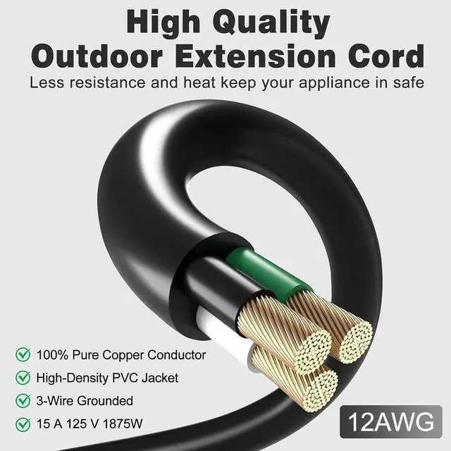 Alt view image 3 of 7 - 3FT 2 Pack 12 Gauge 3 Outlet Outdoor Extension Cord 12/3 Heavy Duty SJTW Power Cord Splitter 3 Way Waterproof Power Cable 3 Prong Grounded with Light 12AWG 15Amp 1875W ETL Listed