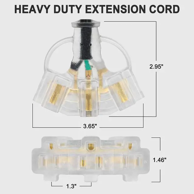 Alt view image 2 of 7 - 3FT 2 Pack 12 Gauge 3 Outlet Outdoor Extension Cord 12/3 Heavy Duty SJTW Power Cord Splitter 3 Way Waterproof Power Cable 3 Prong Grounded with Light 12AWG 15Amp 1875W ETL Listed