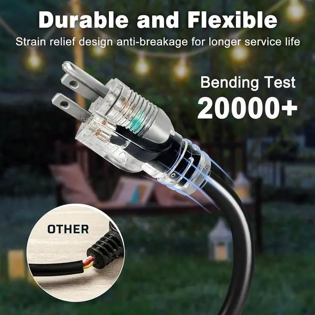 Alt view image 5 of 7 - 3FT 2 Pack 12 Gauge 3 Outlet Outdoor Extension Cord 12/3 Heavy Duty SJTW Power Cord Splitter 3 Way Waterproof Power Cable 3 Prong Grounded with Light 12AWG 15Amp 1875W ETL Listed