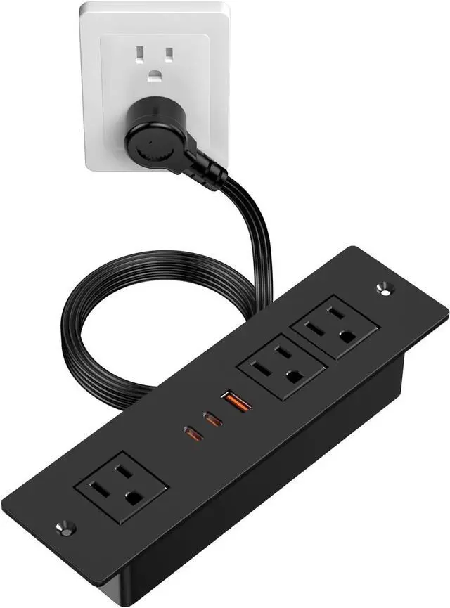 Main image of Recessed Power Strip with 45W USB-C Fast Charging, HEZI Furniture Drawer Outlet Plug in 3 Outlets & 3 USB Ports, Flush Mount Outlets for Conference Desk, 6ft Black Cord