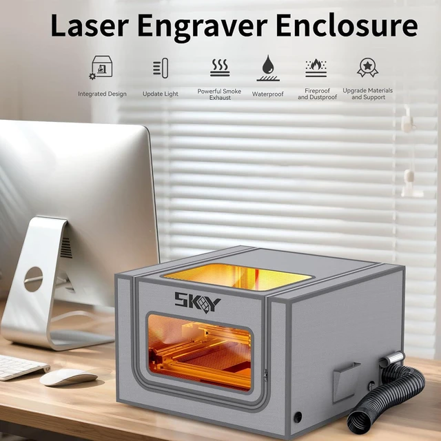 Alt view image 2 of 7 - Laser Engraver Integrated Enclosure with LED Light, Fireproof and Dustproof Protective Cover 28.3 * 28.3 * 15.7, Exhaust Fan 4500RPM and Pipe, Against Smoke Odor and Noise Eye Protection -Grey