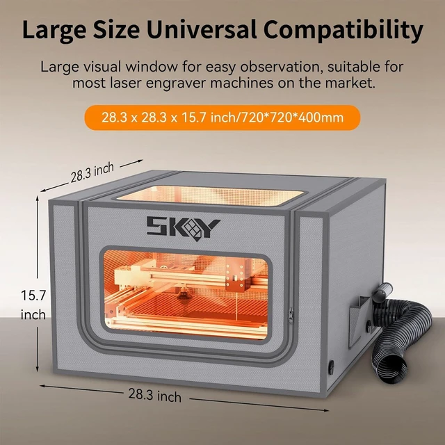 Alt view image 3 of 7 - Laser Engraver Integrated Enclosure with LED Light, Fireproof and Dustproof Protective Cover 28.3 * 28.3 * 15.7, Exhaust Fan 4500RPM and Pipe, Against Smoke Odor and Noise Eye Protection -Grey