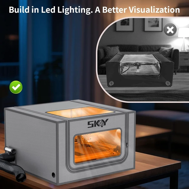 Alt view image 4 of 7 - Laser Engraver Integrated Enclosure with LED Light, Fireproof and Dustproof Protective Cover 28.3 * 28.3 * 15.7, Exhaust Fan 4500RPM and Pipe, Against Smoke Odor and Noise Eye Protection -Grey