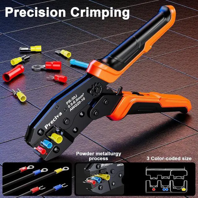 Alt view image 3 of 7 - Preciva 3-in-1 Insulated Terminal Crimping Tool with Wire Stripper,Color-Coded Jaws for 0.5-6mm² (20-10 AWG) Electrical Connectors, Ergonomic Handheld Pliers for Automotive & DIY Wiring