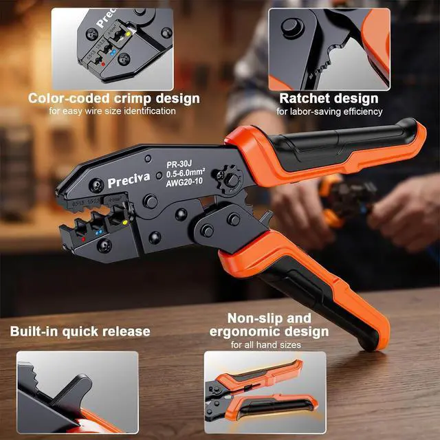 Alt view image 4 of 7 - Preciva 3-in-1 Insulated Terminal Crimping Tool with Wire Stripper,Color-Coded Jaws for 0.5-6mm² (20-10 AWG) Electrical Connectors, Ergonomic Handheld Pliers for Automotive & DIY Wiring