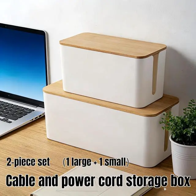 Alt view image 2 of 7 - 1Large+1Small Cable Organizer Set-2-Piece Home Office Desk Wire Management Storage Box,Cable Storage Box (White/Bamboo Lid)