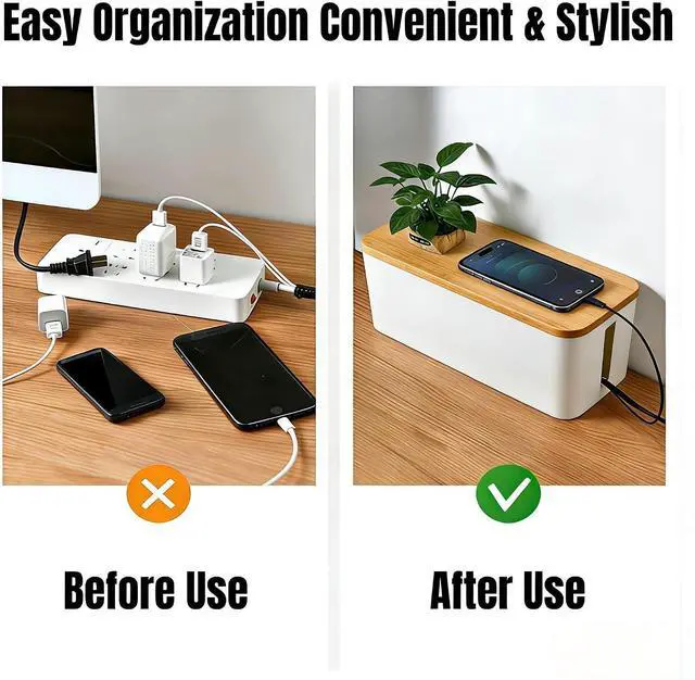 Alt view image 4 of 7 - 1Large+1Small Cable Organizer Set-2-Piece Home Office Desk Wire Management Storage Box,Cable Storage Box (White/Bamboo Lid)