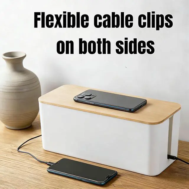 Alt view image 5 of 7 - 1Large+1Small Cable Organizer Set-2-Piece Home Office Desk Wire Management Storage Box,Cable Storage Box (White/Bamboo Lid)