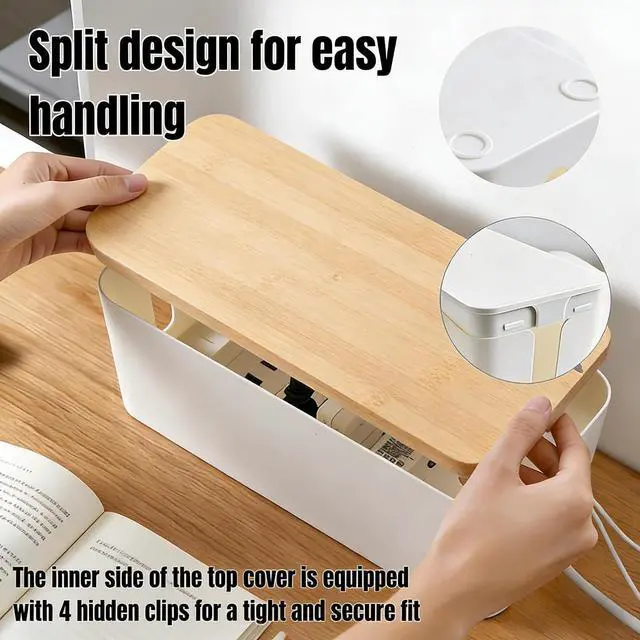 Alt view image 7 of 7 - 1Large+1Small Cable Organizer Set-2-Piece Home Office Desk Wire Management Storage Box,Cable Storage Box (White/Bamboo Lid)