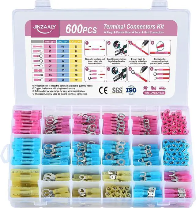 Main image of Waterproof Heat Shrink Wire Connectors, Multipurpose Waterproof Electrical Wire Terminals kit, Ring Fork Spade Butt Splice Insulation Crimp Connectors for Auto Marine Truck - 600 Pieces
