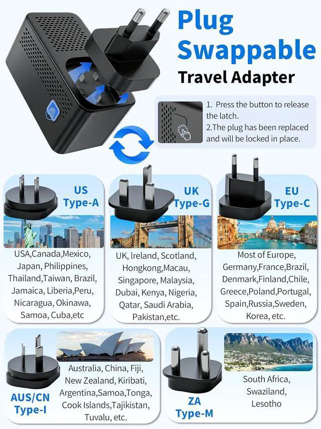 Alt view image 2 of 7 - 220V to 110V Voltage Converter Travel Adapter Canada to Europe Power Adapter Step Down Transformer with 2 USB A 2 USB C & UK/AU/US/EU/South Africa for Hair Dryer (Black)