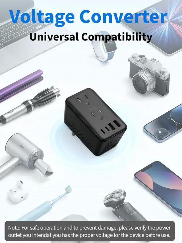 Alt view image 3 of 7 - 220V to 110V Voltage Converter Travel Adapter Canada to Europe Power Adapter Step Down Transformer with 2 USB A 2 USB C & UK/AU/US/EU/South Africa for Hair Dryer (Black)