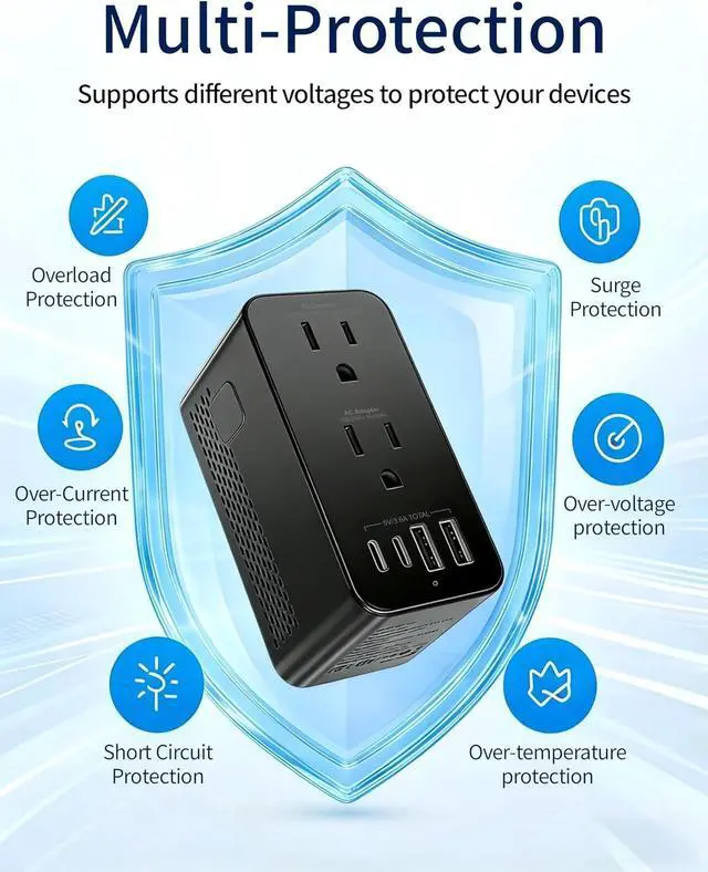 Alt view image 4 of 7 - 220V to 110V Voltage Converter Travel Adapter Canada to Europe Power Adapter Step Down Transformer with 2 USB A 2 USB C & UK/AU/US/EU/South Africa for Hair Dryer (Black)