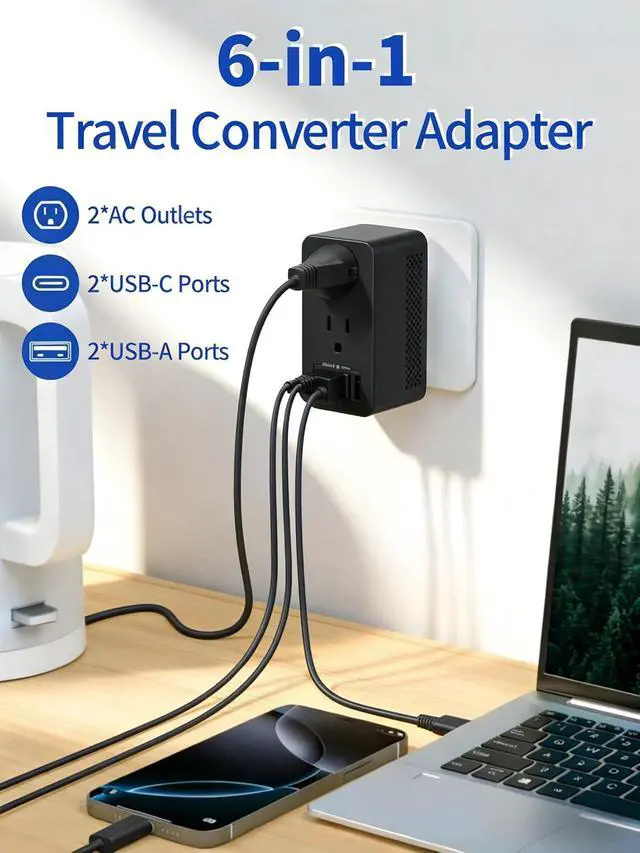 Alt view image 5 of 7 - 220V to 110V Voltage Converter Travel Adapter Canada to Europe Power Adapter Step Down Transformer with 2 USB A 2 USB C & UK/AU/US/EU/South Africa for Hair Dryer (Black)