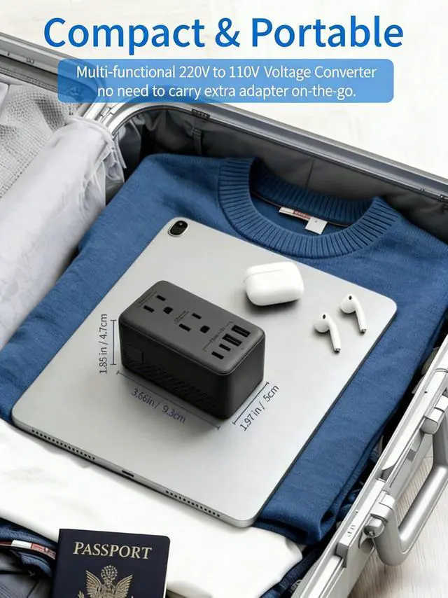 Alt view image 7 of 7 - 220V to 110V Voltage Converter Travel Adapter Canada to Europe Power Adapter Step Down Transformer with 2 USB A 2 USB C & UK/AU/US/EU/South Africa for Hair Dryer (Black)