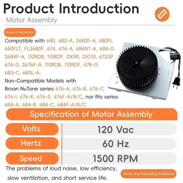 Alt view image 2 of 6 - Upgrade S97015157 Motor Assembly Compatible with Broan NuTone Fans,Fit fo DX90, DX110, 672SP, 676-D/2676F-A, 680-A, 684NT-A, 684-D/2684F-A.with 8"× 8-1/4" Housing(110 CFM / 4 Sones / 120V)