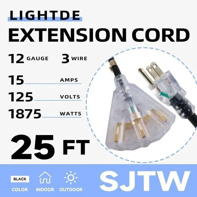 Alt view image 2 of 7 - 25 Ft Lighted Outdoor Extension Cord with 3 Electrical Power Outlets - 12/3 SJTW Heavy Duty Black Extension Cable with 3 Prong Grounded Plug for Safety, UL Listed