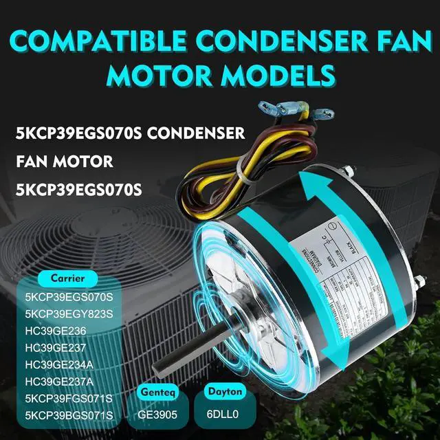 Alt view image 3 of 7 - Condenser Motor Replaces Carrier # 5KCP39EGS070S, HC39GE237, 5KCP39EGY823S, Genteq GE3905, Dayton 6DLL0, Bryant Payne HC39GE234A etc AC/Air Conditioner, 1/4HP 1100 RPM with Capacitor, 3-Year Warranty