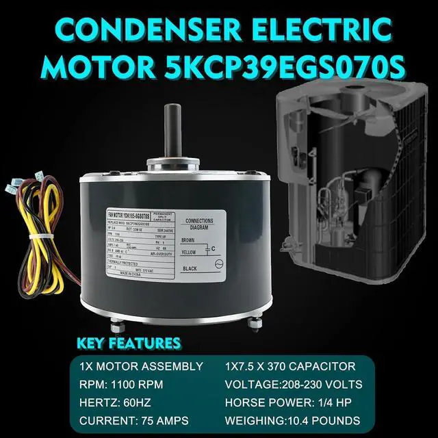 Alt view image 5 of 7 - Condenser Motor Replaces Carrier # 5KCP39EGS070S, HC39GE237, 5KCP39EGY823S, Genteq GE3905, Dayton 6DLL0, Bryant Payne HC39GE234A etc AC/Air Conditioner, 1/4HP 1100 RPM with Capacitor, 3-Year Warranty