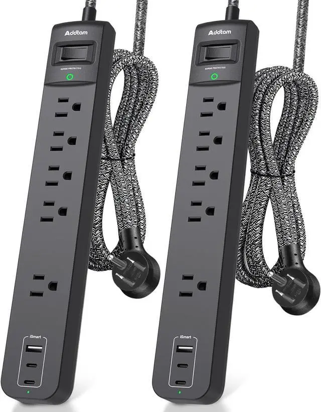 Main image of Addtam 2 Pack Power Bars with Surge Protector, 10FT Extension Cord with 5 AC Outlets and 3 USB Ports(2 USB C), Home Office Dorm Room Essentials, 1080J, Black