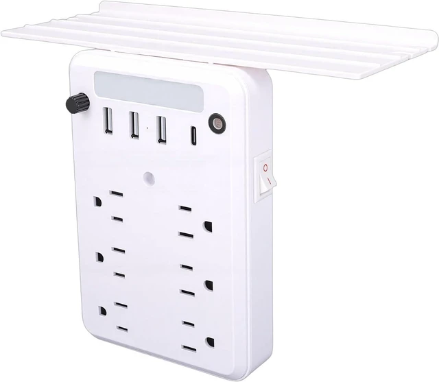 Main image of Wall Outlet Extender with Shelf, 6 AC Outlets 4 USB Ports Surge Protector Night Light, with Ambient Light Sensor, for Home Office Bedroom