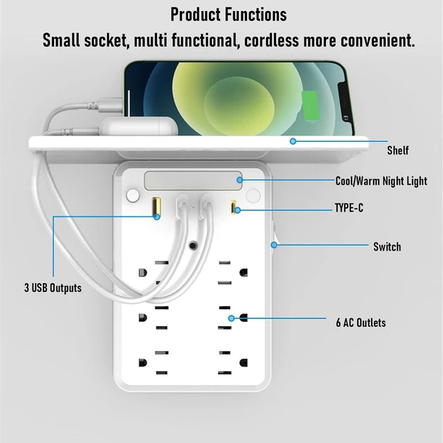 Alt view image 2 of 7 - Wall Outlet Extender with Shelf, 6 AC Outlets 4 USB Ports Surge Protector Night Light, with Ambient Light Sensor, for Home Office Bedroom