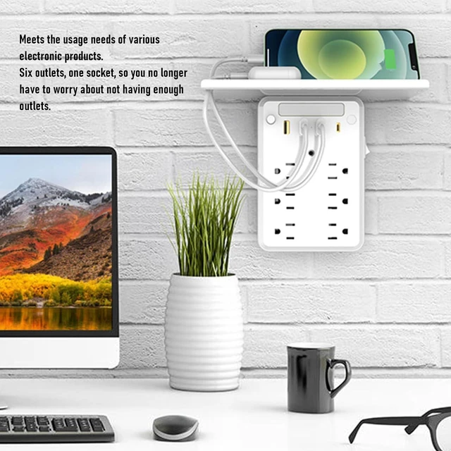 Alt view image 3 of 7 - Wall Outlet Extender with Shelf, 6 AC Outlets 4 USB Ports Surge Protector Night Light, with Ambient Light Sensor, for Home Office Bedroom