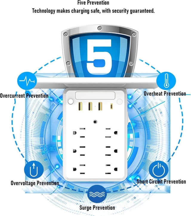 Alt view image 5 of 7 - Wall Outlet Extender with Shelf, 6 AC Outlets 4 USB Ports Surge Protector Night Light, with Ambient Light Sensor, for Home Office Bedroom