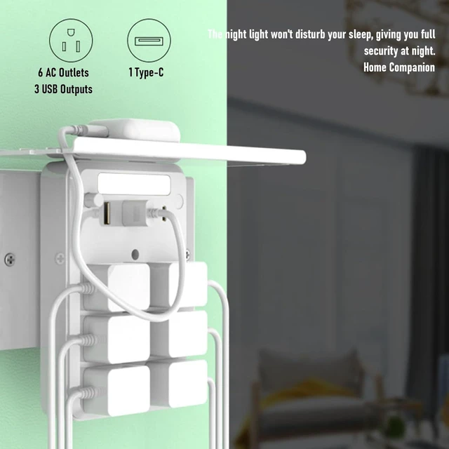 Alt view image 6 of 7 - Wall Outlet Extender with Shelf, 6 AC Outlets 4 USB Ports Surge Protector Night Light, with Ambient Light Sensor, for Home Office Bedroom
