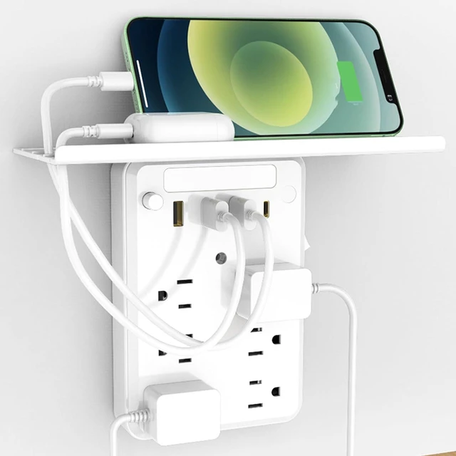 Alt view image 7 of 7 - Wall Outlet Extender with Shelf, 6 AC Outlets 4 USB Ports Surge Protector Night Light, with Ambient Light Sensor, for Home Office Bedroom