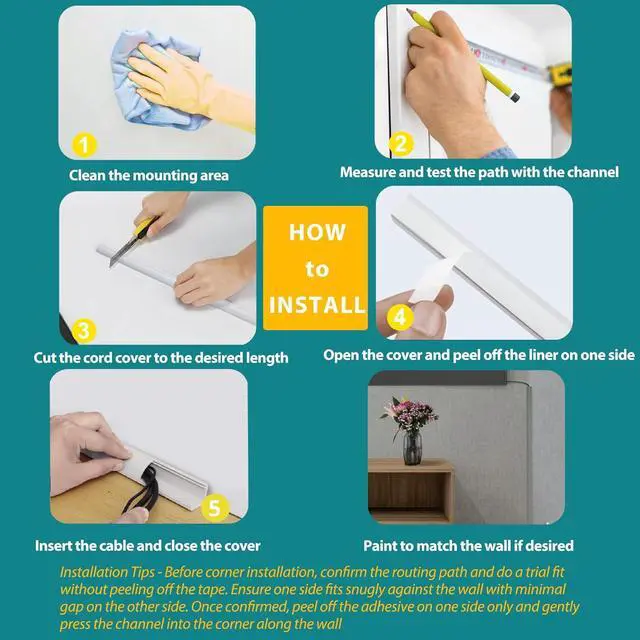 Alt view image 5 of 6 - ZhiYo Corner Cable Concealer, Large Corner Cord Hider, Wire Covers for Cords, Paintable Cord Cover, Cable Management Channel Raceway for Wall, Floor Baseboard, Ceiling, White
