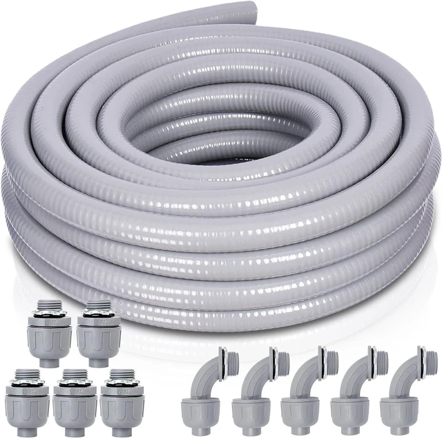 Main image of Liquid-Tight Conduit and Connector Kit - 3/4 Inch 25ft UL Certified Non Metallic Liquid Tight Electrical Conduit with 5 Straight and 3 Angle Fittings