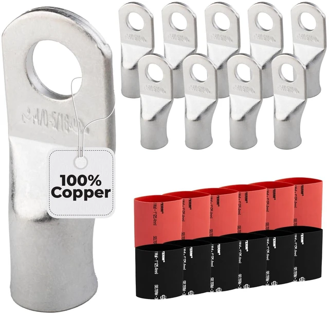 Main image of SELTERM 10pcs - 4/0 Awg - 5/16" Stud - Battery Lugs - Ring Terminal Connectors with 12pcs 3:1 Black & Red Heat Shrink Tubing with Adhesive | Heavy Duty Battery Cable Ends - Tinned Copper Wire Lugs Kit