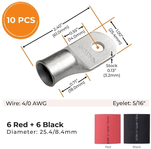 Alt view image 2 of 7 - SELTERM 10pcs - 4/0 Awg - 5/16" Stud - Battery Lugs - Ring Terminal Connectors with 12pcs 3:1 Black & Red Heat Shrink Tubing with Adhesive | Heavy Duty Battery Cable Ends - Tinned Copper Wire Lugs Kit