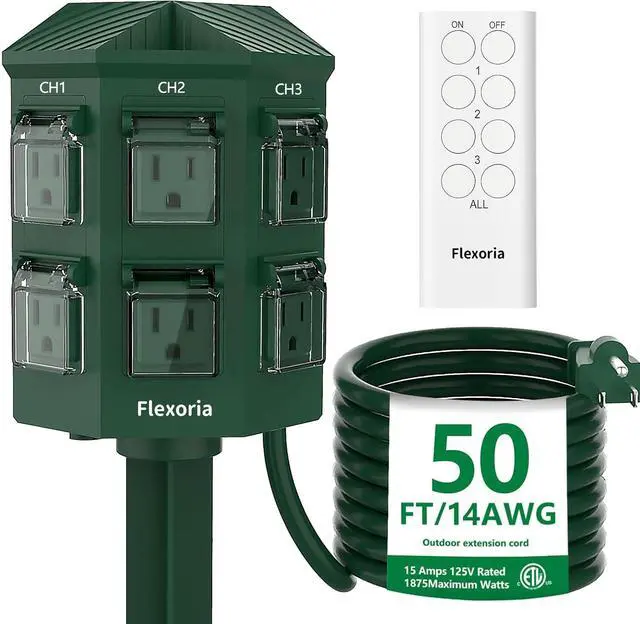 Main image of Outdoor Power Stake, 50 Feet Extension Cord Waterproof, Independently Remote Control 3 Sets of Outlets, 6 Grounded Outlets for Garden, Patio, Outdoor Decor, ETL Listed