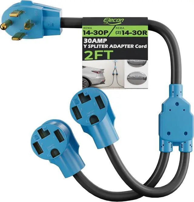 Main image of Elecan 30 Amp Dryer/EV Y Splitter Adapter Cord, 4 Prong NEMA 14-30P to 2X 14-30R for Power Extension Outlet Plug & Level 2 EV Charging Tesla, Heavy-Duty, STW, Waterproof, 10 AWG 125/250V-ETL-Blue-2FT