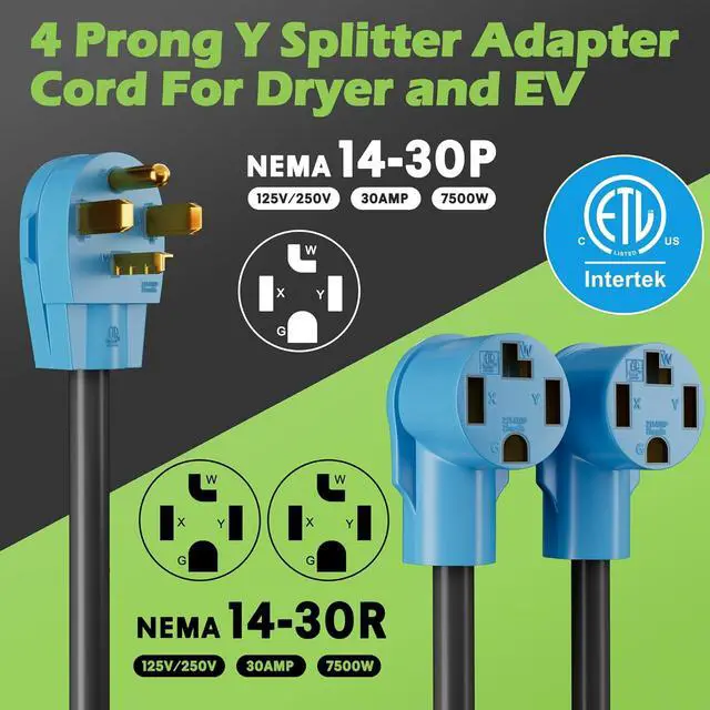 Alt view image 2 of 6 - Elecan 30 Amp Dryer/EV Y Splitter Adapter Cord, 4 Prong NEMA 14-30P to 2X 14-30R for Power Extension Outlet Plug & Level 2 EV Charging Tesla, Heavy-Duty, STW, Waterproof, 10 AWG 125/250V-ETL-Blue-2FT