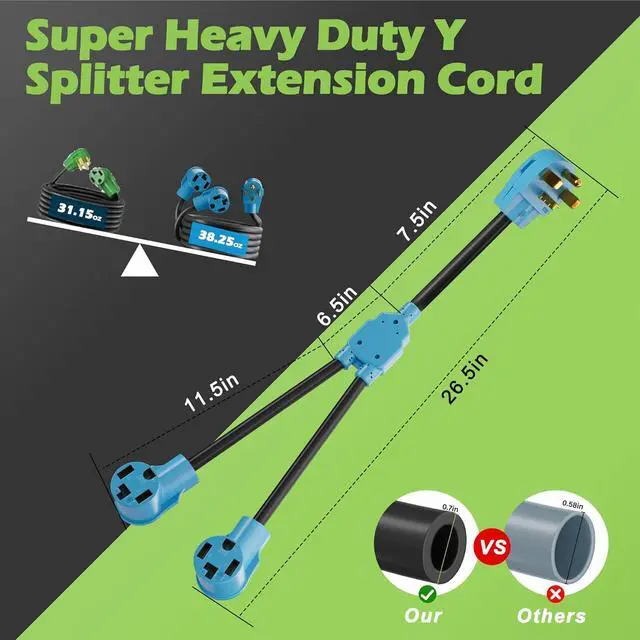 Alt view image 4 of 6 - Elecan 30 Amp Dryer/EV Y Splitter Adapter Cord, 4 Prong NEMA 14-30P to 2X 14-30R for Power Extension Outlet Plug & Level 2 EV Charging Tesla, Heavy-Duty, STW, Waterproof, 10 AWG 125/250V-ETL-Blue-2FT