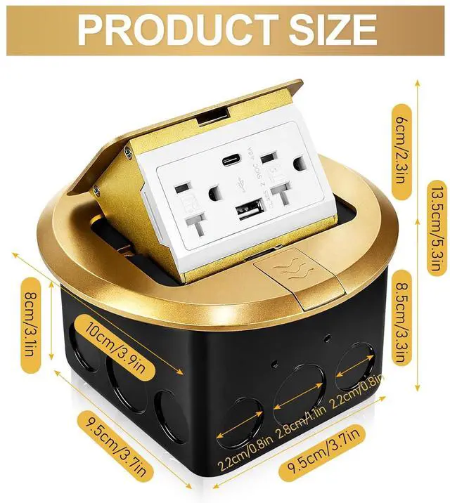 Alt view image 2 of 7 - Round Pop Up Floor Outlet Box, Waterproof Electrical Outlet Cover with Soft Close, 4.8A USB+20A Tamper-Resistant Receptacle Floor Electrical Outlet for Kitchen, Office, Desk & Countertop (Gold)
