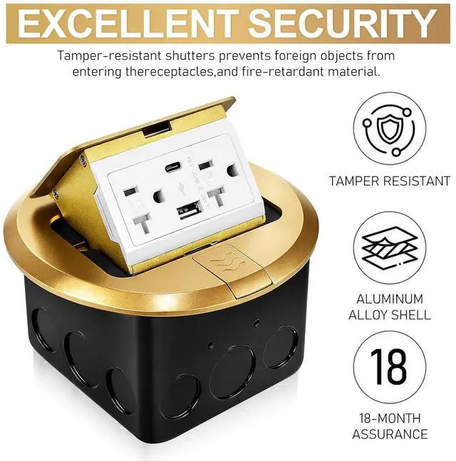 Alt view image 4 of 7 - Round Pop Up Floor Outlet Box, Waterproof Electrical Outlet Cover with Soft Close, 4.8A USB+20A Tamper-Resistant Receptacle Floor Electrical Outlet for Kitchen, Office, Desk & Countertop (Gold)