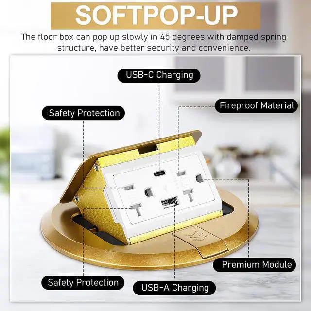 Alt view image 3 of 7 - Round Pop Up Floor Outlet Box, Waterproof Electrical Outlet Cover with Soft Close, 4.8A USB+20A Tamper-Resistant Receptacle Floor Electrical Outlet for Kitchen, Office, Desk & Countertop (Gold)