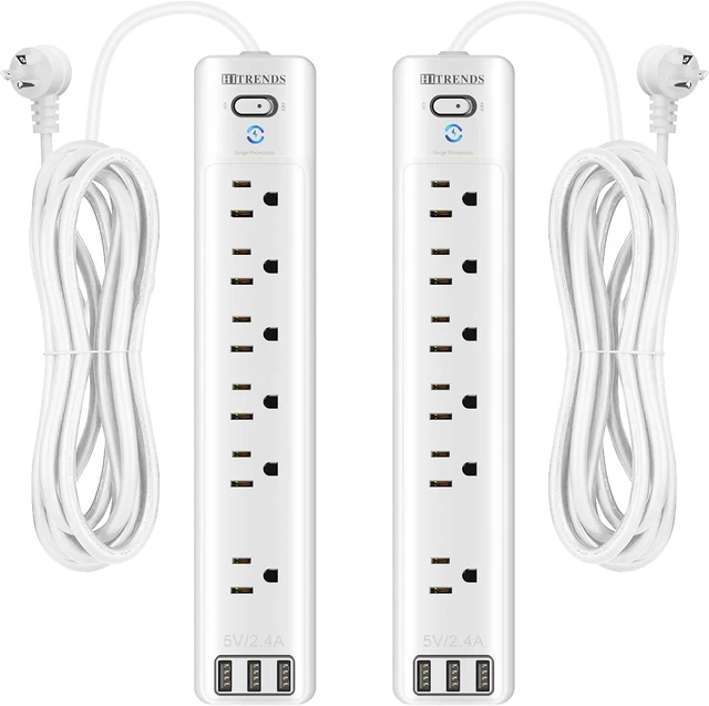 Main image of 2 Pack Surge Protector Power Bar, HITRENDS 6-Outlet Slim Extension Cord with 3 USB Ports (2.4A), 5Ft Long Power Strips & Surge Protectors, 15A/1875W with Switch for Home Office, ETL Listed, White