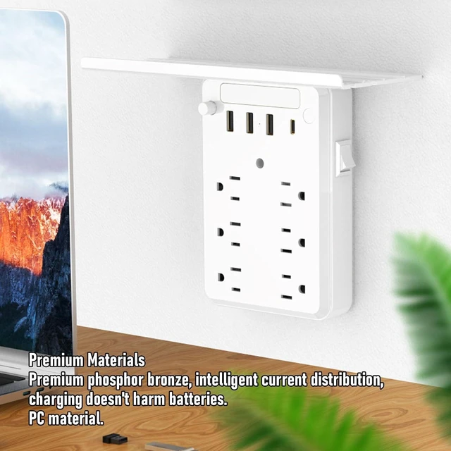 Alt view image 4 of 7 - Wall Outlet Extender with Shelf, 6 AC Outlets 4 USB Ports Surge Protector Night Light, with Ambient Light Sensor, for Home Office Bedroom
