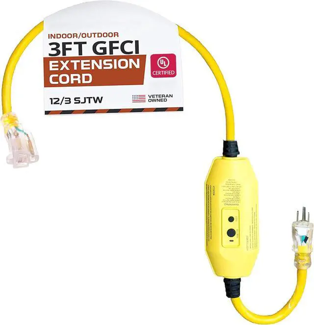 Main image of IRON FORGE CABLE 3 Foot Lighted Outdoor GFCI Extension Cord - 12/3 SJTW Heavy Duty Yellow Pigtail Extension Cable with 3 Prong Grounded Plug for Safety, 15 AMP