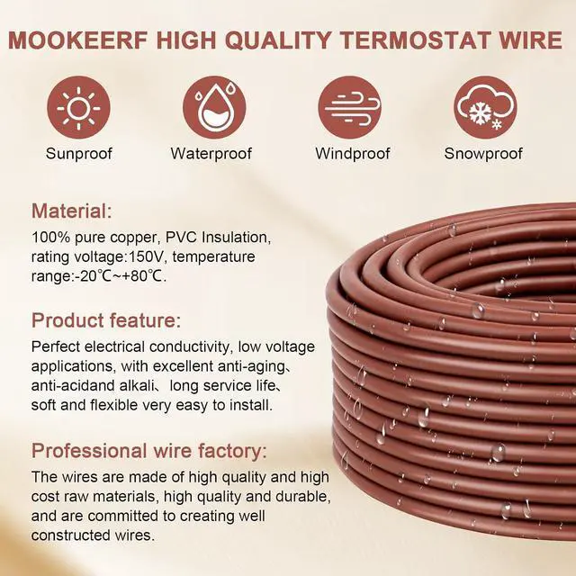 Alt view image 5 of 7 - MOOKEERF 18/5 Thermostat Wire 50FT - 100% Solid Copper 18 Gauge 2 Conductor Thermostat Doorbell HVAC Heating Control Cable Wire for Indoor/Outdoor Low Voltage Applications Use - Brown