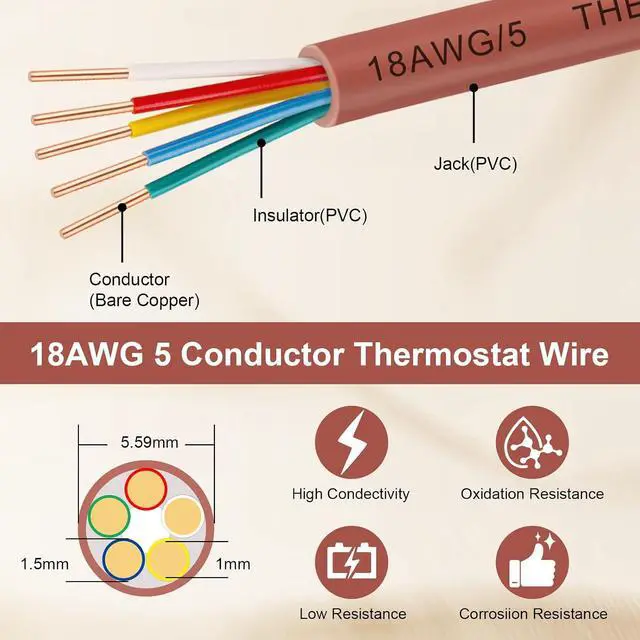 Alt view image 2 of 7 - MOOKEERF 18/5 Thermostat Wire 50FT - 100% Solid Copper 18 Gauge 2 Conductor Thermostat Doorbell HVAC Heating Control Cable Wire for Indoor/Outdoor Low Voltage Applications Use - Brown