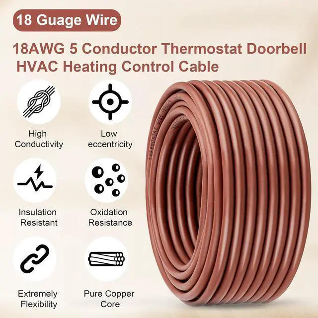 Alt view image 4 of 7 - MOOKEERF 18/5 Thermostat Wire 50FT - 100% Solid Copper 18 Gauge 2 Conductor Thermostat Doorbell HVAC Heating Control Cable Wire for Indoor/Outdoor Low Voltage Applications Use - Brown