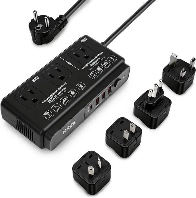 Main image of 220v to 110v Black Voltage Converter Adapter: International US to Europe Travel Power Strip Plug Transformer - 2000W Electric Hair Dryer Black Step Down Outlet Converters for US European EU Italy UK